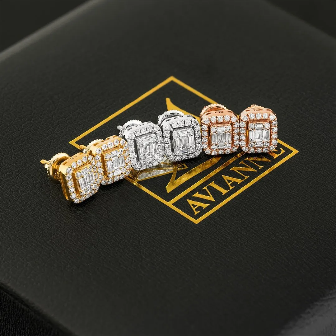 14K Yellow Gold Emerald and Round Cut Diamond Earrings 1.50 Ctw