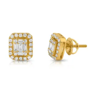 14K Yellow Gold Emerald and Round Cut Diamond Earrings 1.50 Ctw