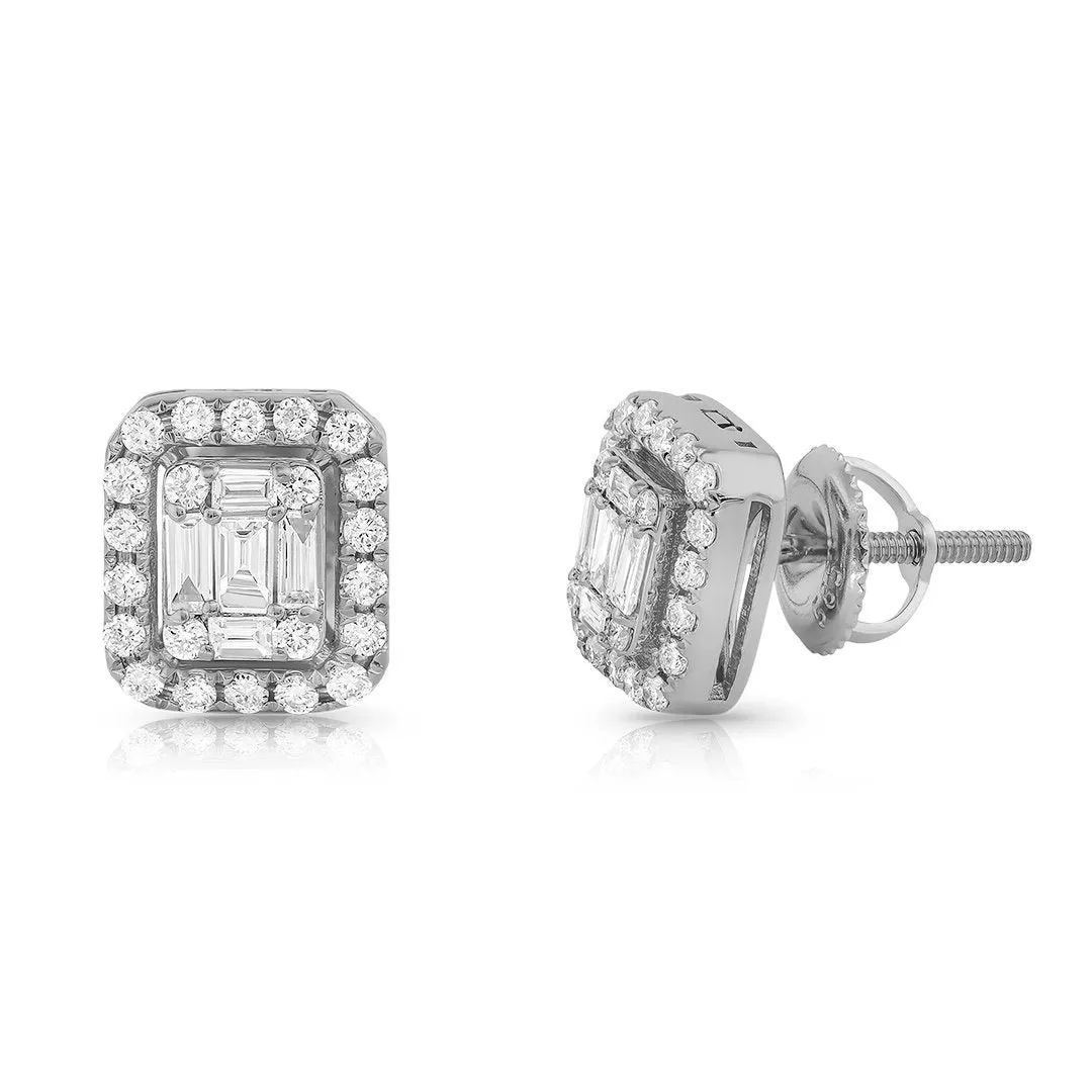 14K Yellow Gold Emerald and Round Cut Diamond Earrings 1.50 Ctw