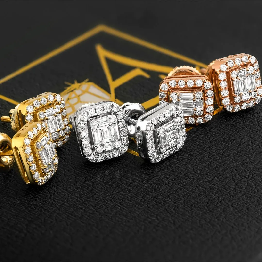 14K Yellow Gold Emerald and Round Cut Diamond Earrings 1.50 Ctw