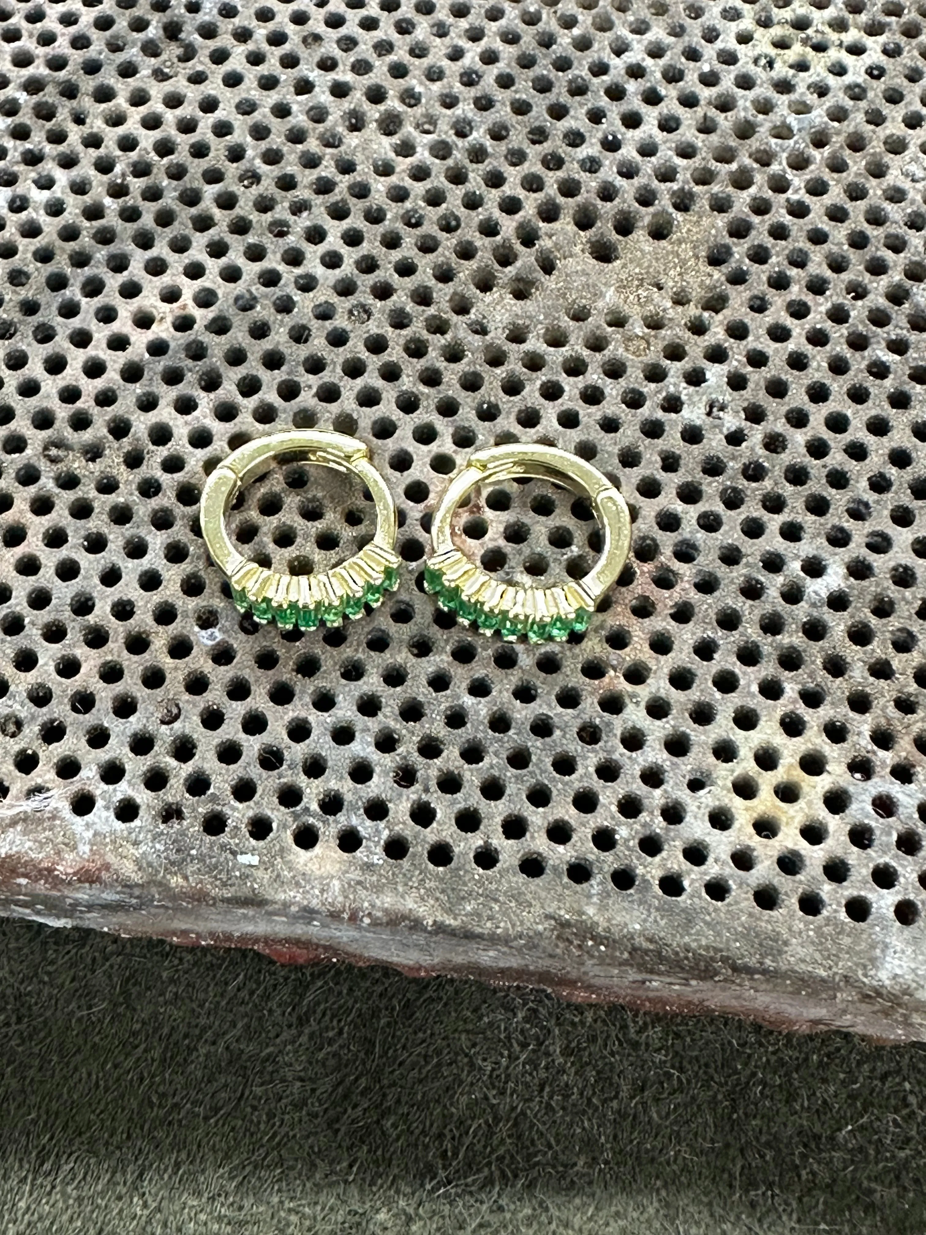 14K Yellow Gold Emerald Green Baguette Huggie Hoop Earrings – Small Gold Hoops for Women