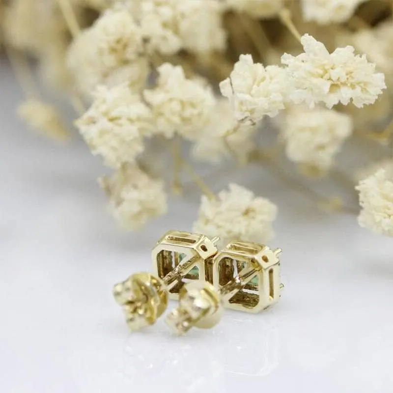 14k Yellow Gold Natural Emerald with Diamond Halo Stud Earrings