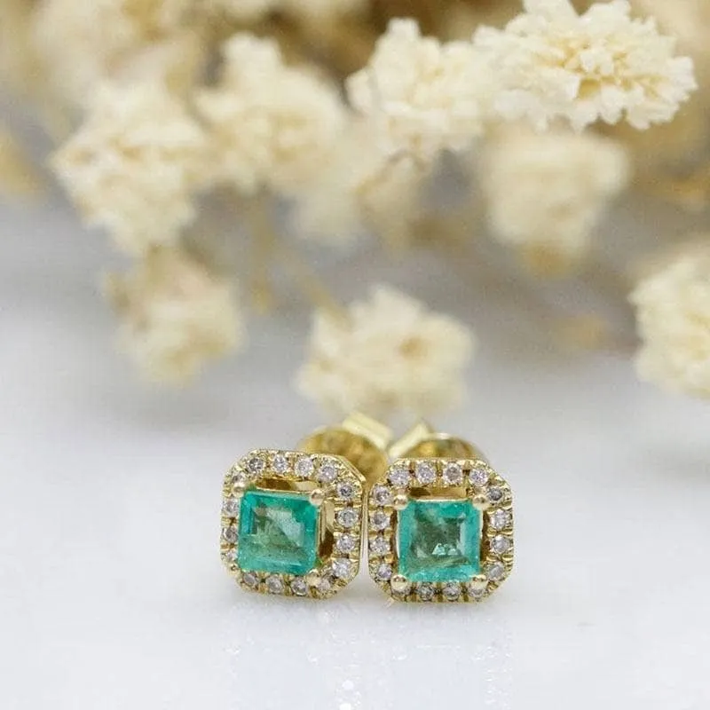 14k Yellow Gold Natural Emerald with Diamond Halo Stud Earrings
