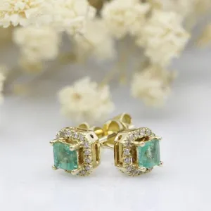 14k Yellow Gold Natural Emerald with Diamond Halo Stud Earrings