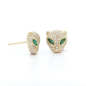 14K Yellow Gold Panther Diamond and Emerald Stud Earrings