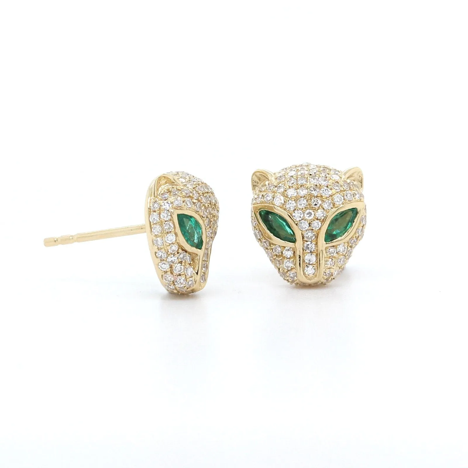 14K Yellow Gold Panther Diamond and Emerald Stud Earrings