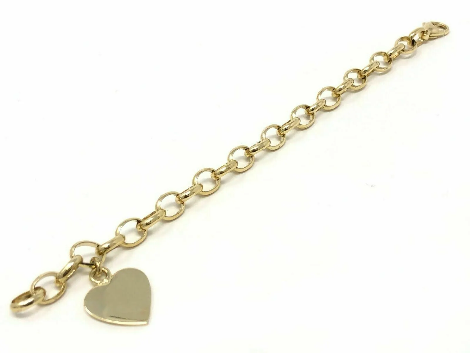 14k Yellow Gold Rolo Link  Heart Charm Bracelet 7.75" 16.5 grams