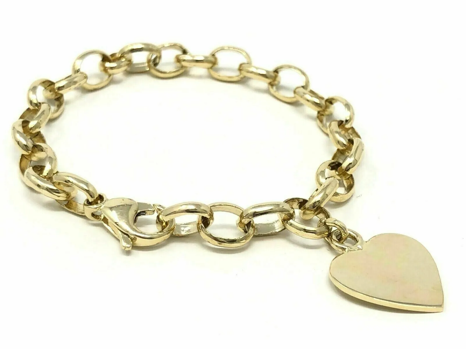 14k Yellow Gold Rolo Link  Heart Charm Bracelet 7.75" 16.5 grams