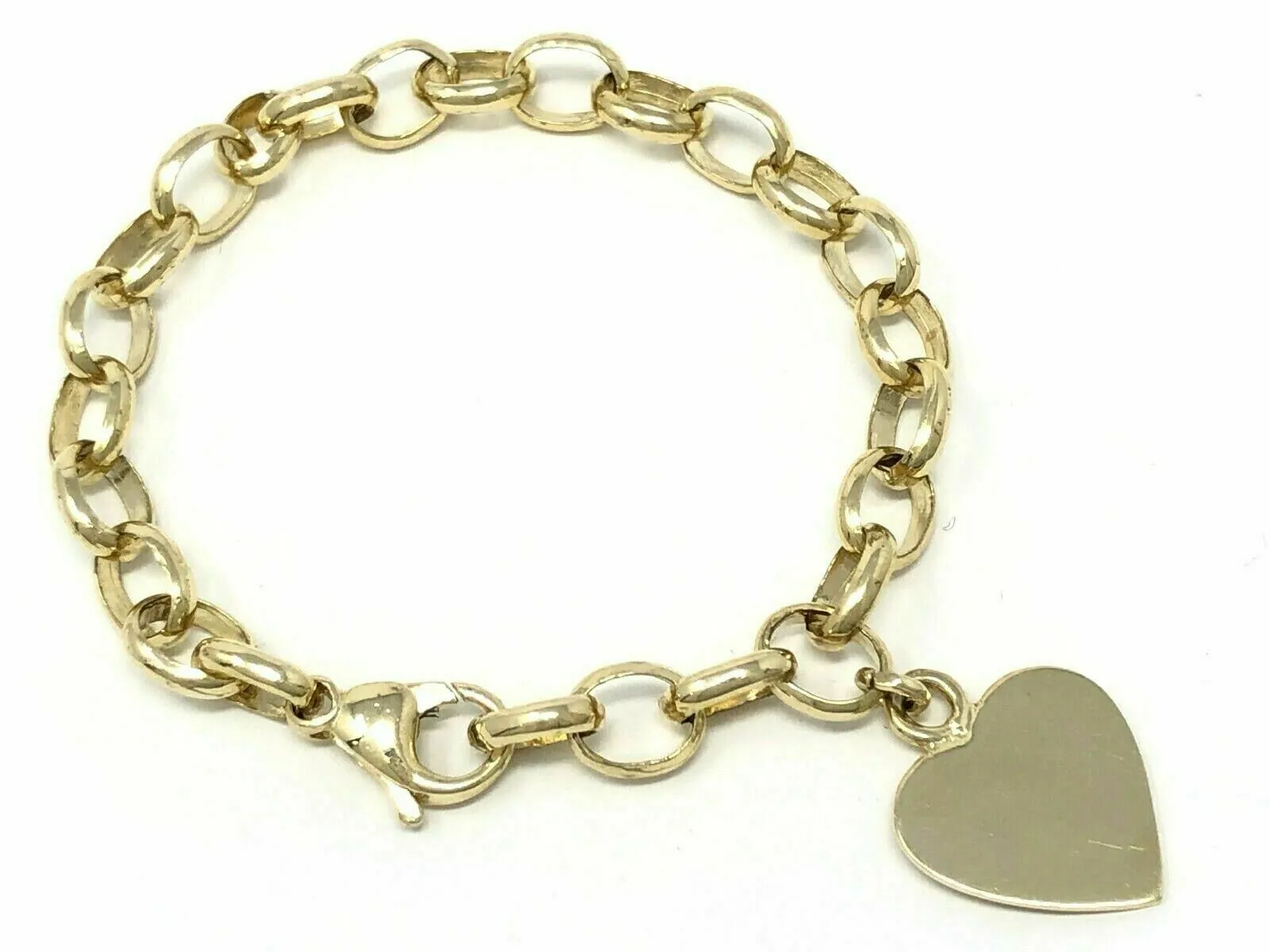 14k Yellow Gold Rolo Link  Heart Charm Bracelet 7.75" 16.5 grams