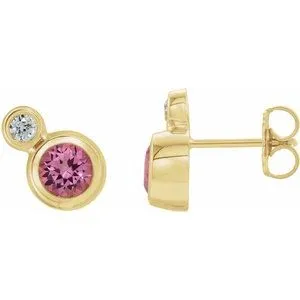 14K Yellow Pink Tourmaline & .03 CTW Diamond Earrings