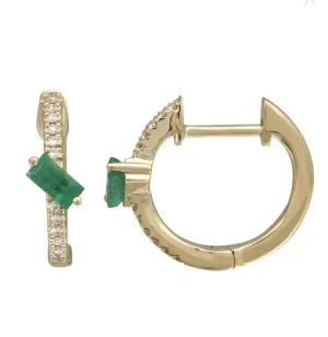 14KT Gold Diamond Priscilla Emerald Huggie  Earrings