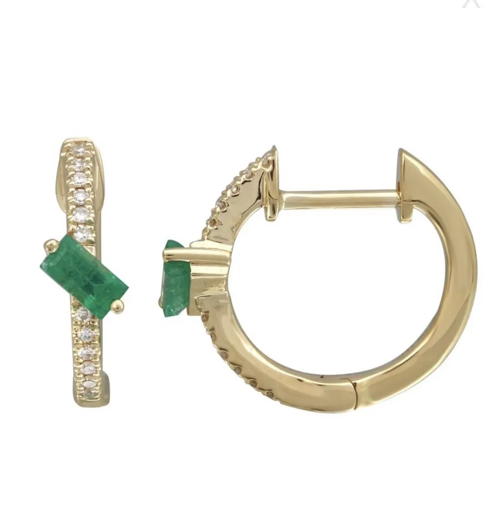 14KT Gold Diamond Priscilla Emerald Huggie  Earrings