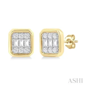 1/5 ctw Petite Bezel Set Emerald Shape Fusion Baguette and Round Cut Diamond Fashion Stud Earring in 10K Yellow Gold