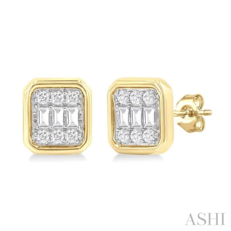 1/5 ctw Petite Bezel Set Emerald Shape Fusion Baguette and Round Cut Diamond Fashion Stud Earring in 10K Yellow Gold