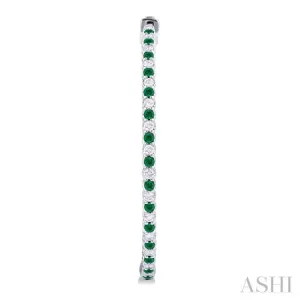 1.6 MM Round Emerald and 1 ctw Round Cut Diamond Precious Inside-Out Alternating Hoop Earrings in 14K White Gold