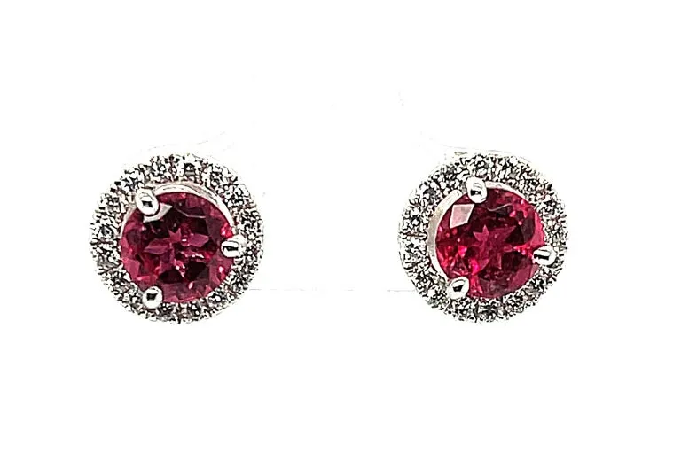 1.71 ct. t.w. Red Tourmaline, Diamond Halo 18k White Gold Round Stud Earrings