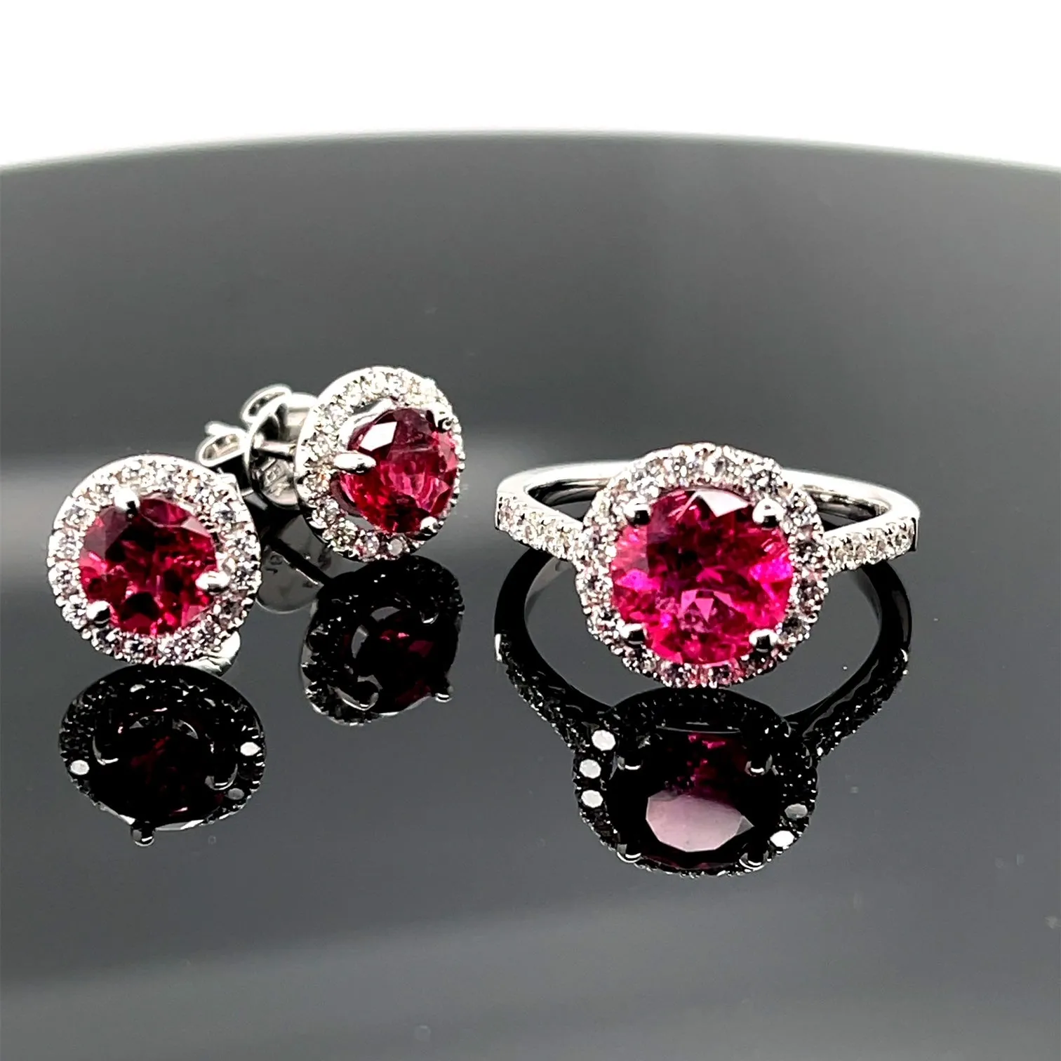 1.71 ct. t.w. Red Tourmaline, Diamond Halo 18k White Gold Round Stud Earrings