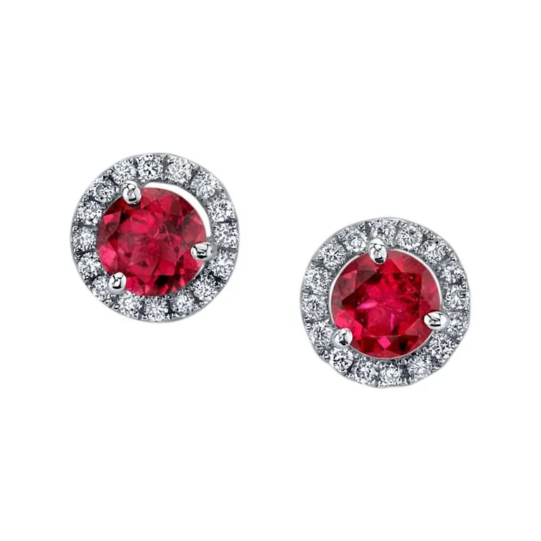 1.71 ct. t.w. Red Tourmaline, Diamond Halo 18k White Gold Round Stud Earrings