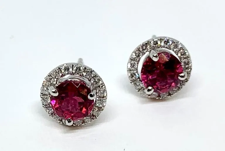 1.71 ct. t.w. Red Tourmaline, Diamond Halo 18k White Gold Round Stud Earrings
