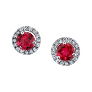 1.71 ct. t.w. Red Tourmaline, Diamond Halo 18k White Gold Round Stud Earrings
