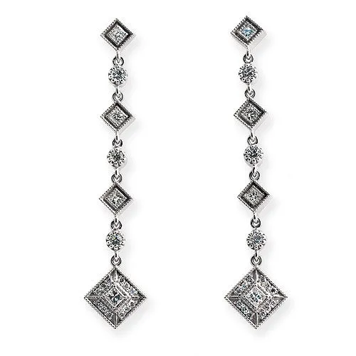 1.80ct Long Dangling Diamond Earrings, 18k White Gold