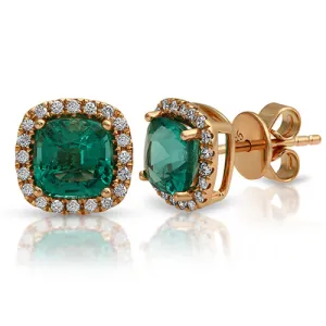 1.89tcw Cushion Emerald and Halo Diamond Stud Earrings 14k Rose Gold