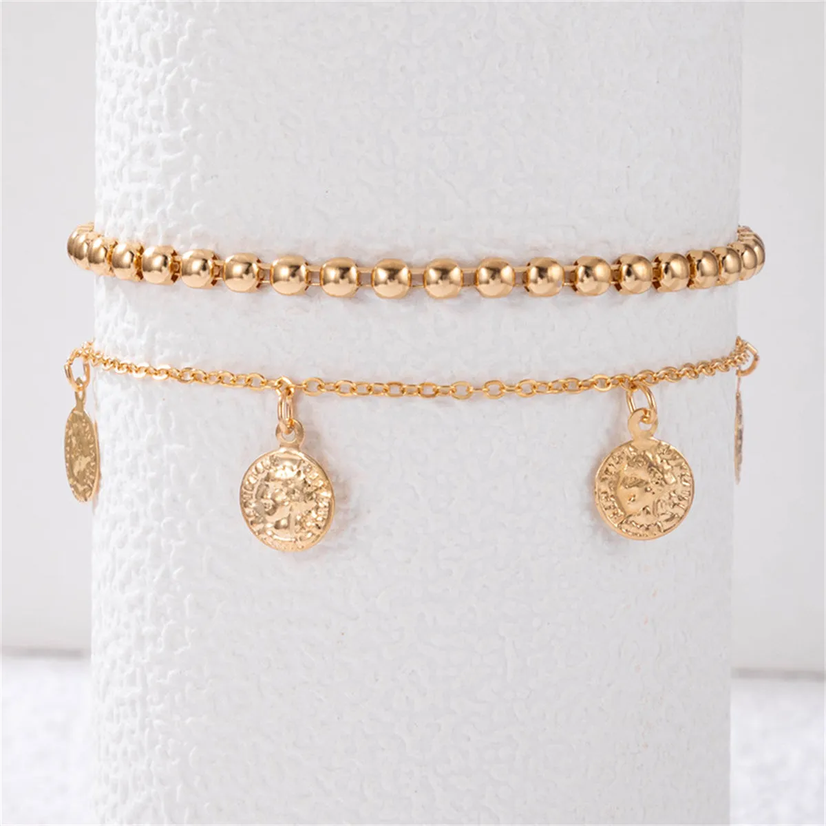 18K Gold-Plated Coin Tassel Bead Chain Anklet Set