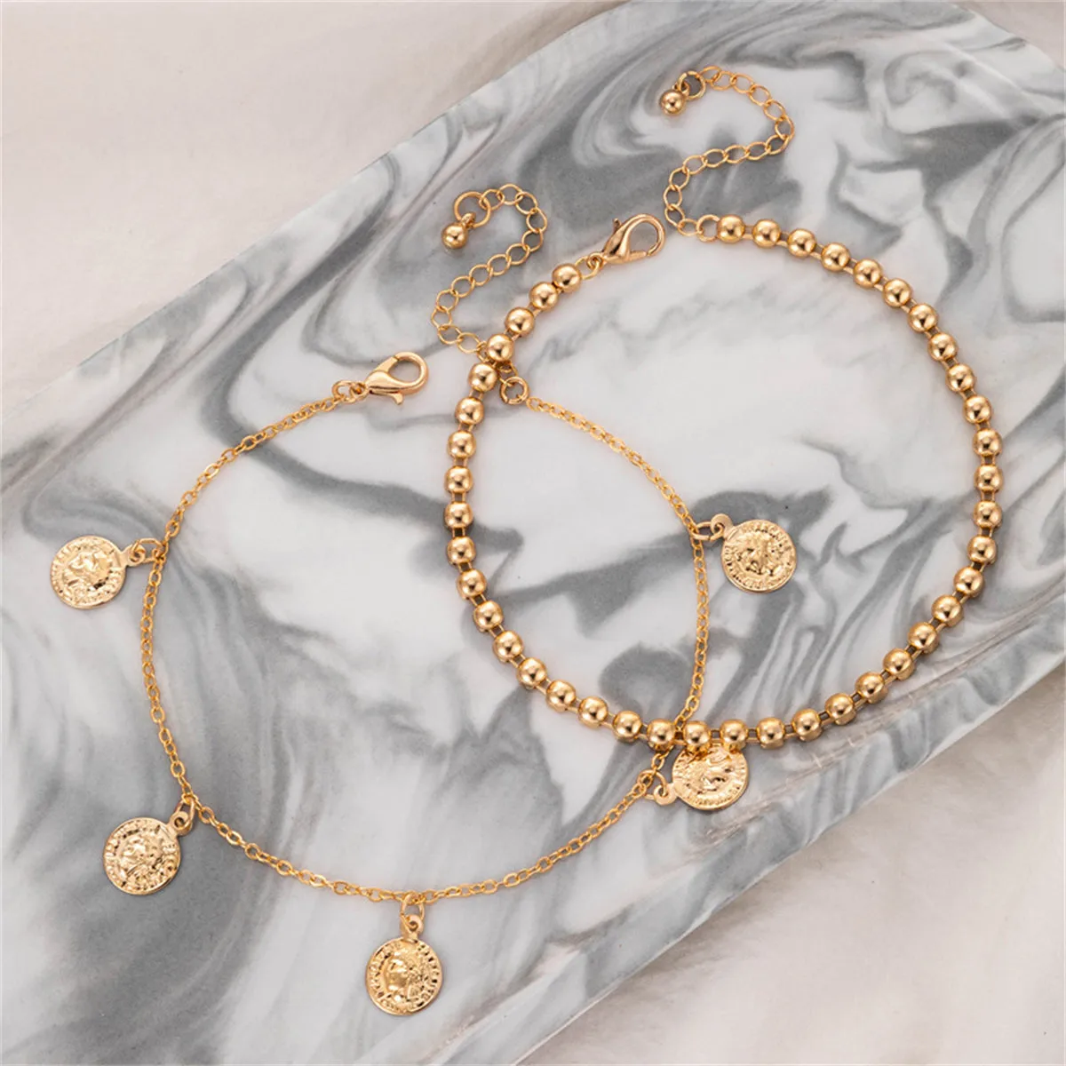 18K Gold-Plated Coin Tassel Bead Chain Anklet Set