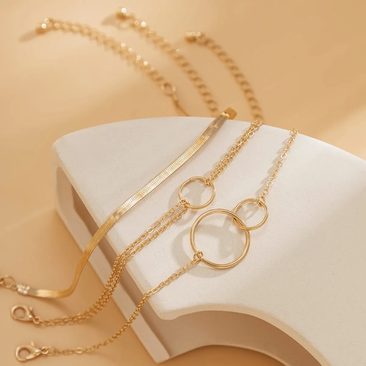 18K Gold-Plated Interlocked-Circle Snake-Chain Anklet Set