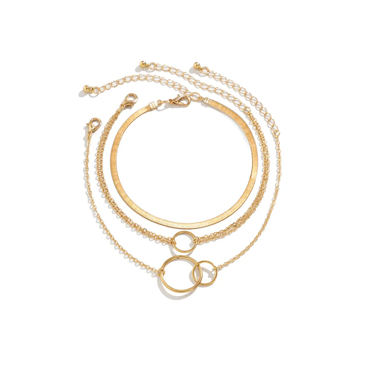 18K Gold-Plated Interlocked-Circle Snake-Chain Anklet Set
