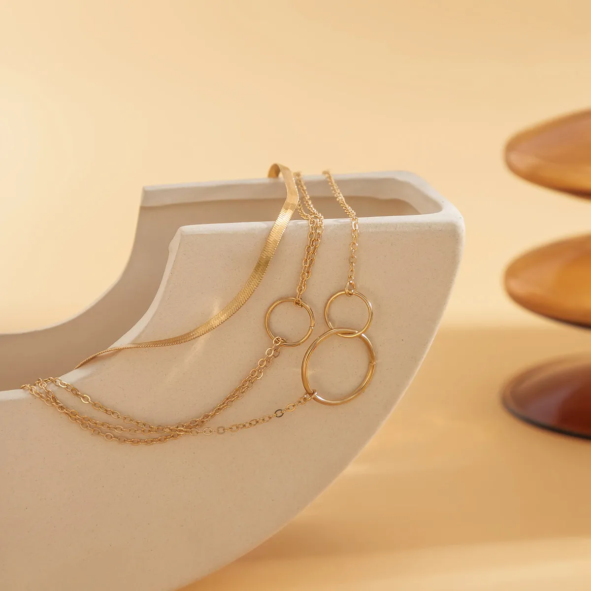 18K Gold-Plated Interlocked-Circle Snake-Chain Anklet Set