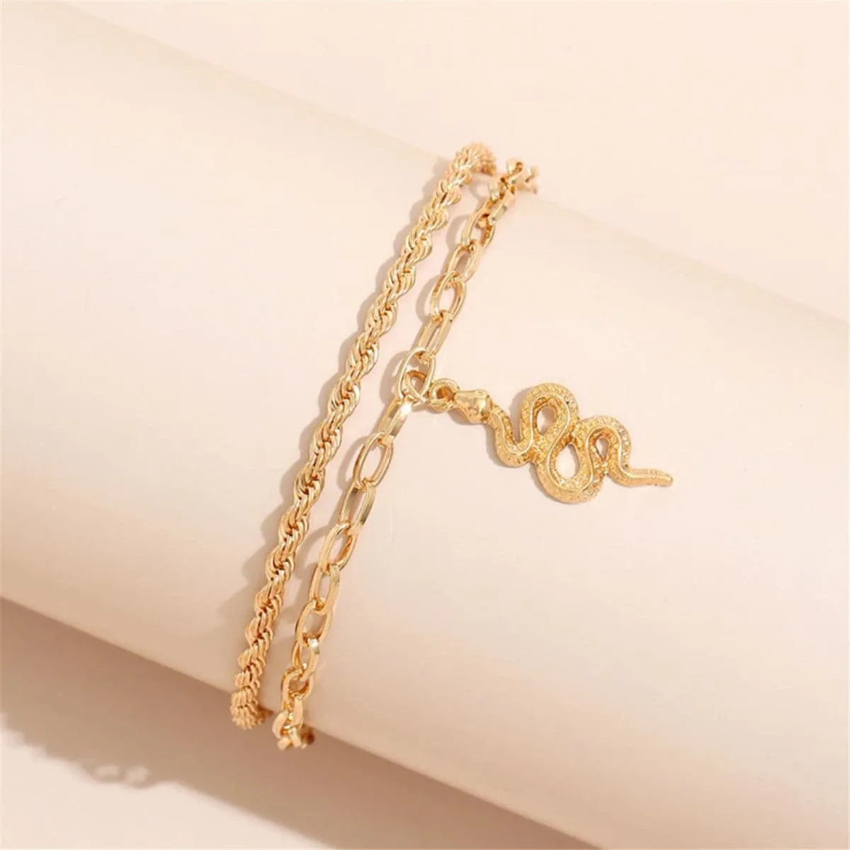 18K Gold-Plated Snake Charm Anklet & Rope Chain Anklet
