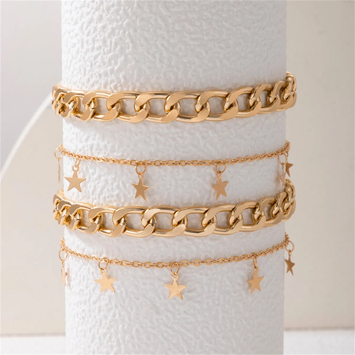 18K Gold-Plated Star Station & Curb Chain Anklet Set