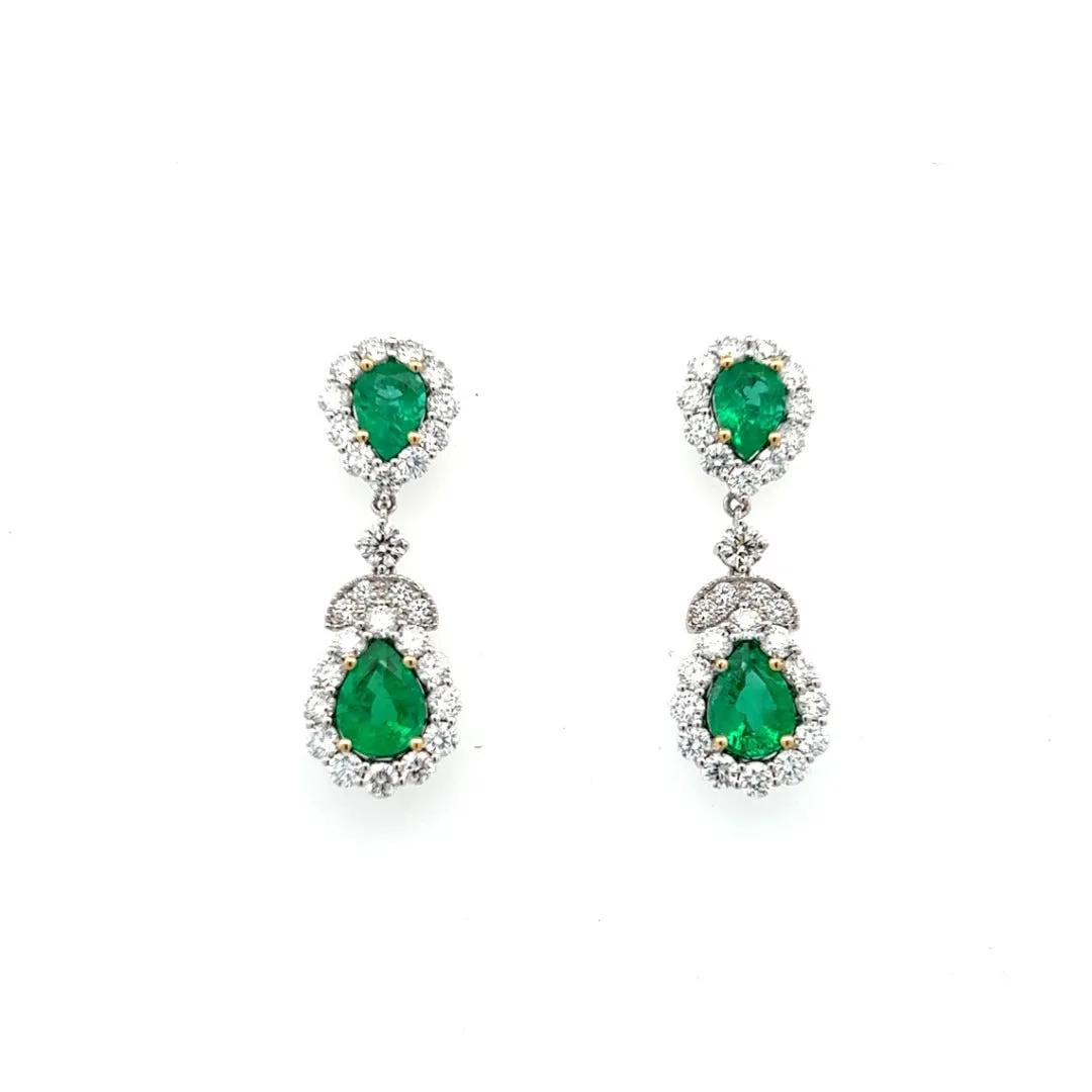 18K White And Yellow Gold Pear Shape Emerald And Diamond Halo Drop Earrings (5.94ctw)