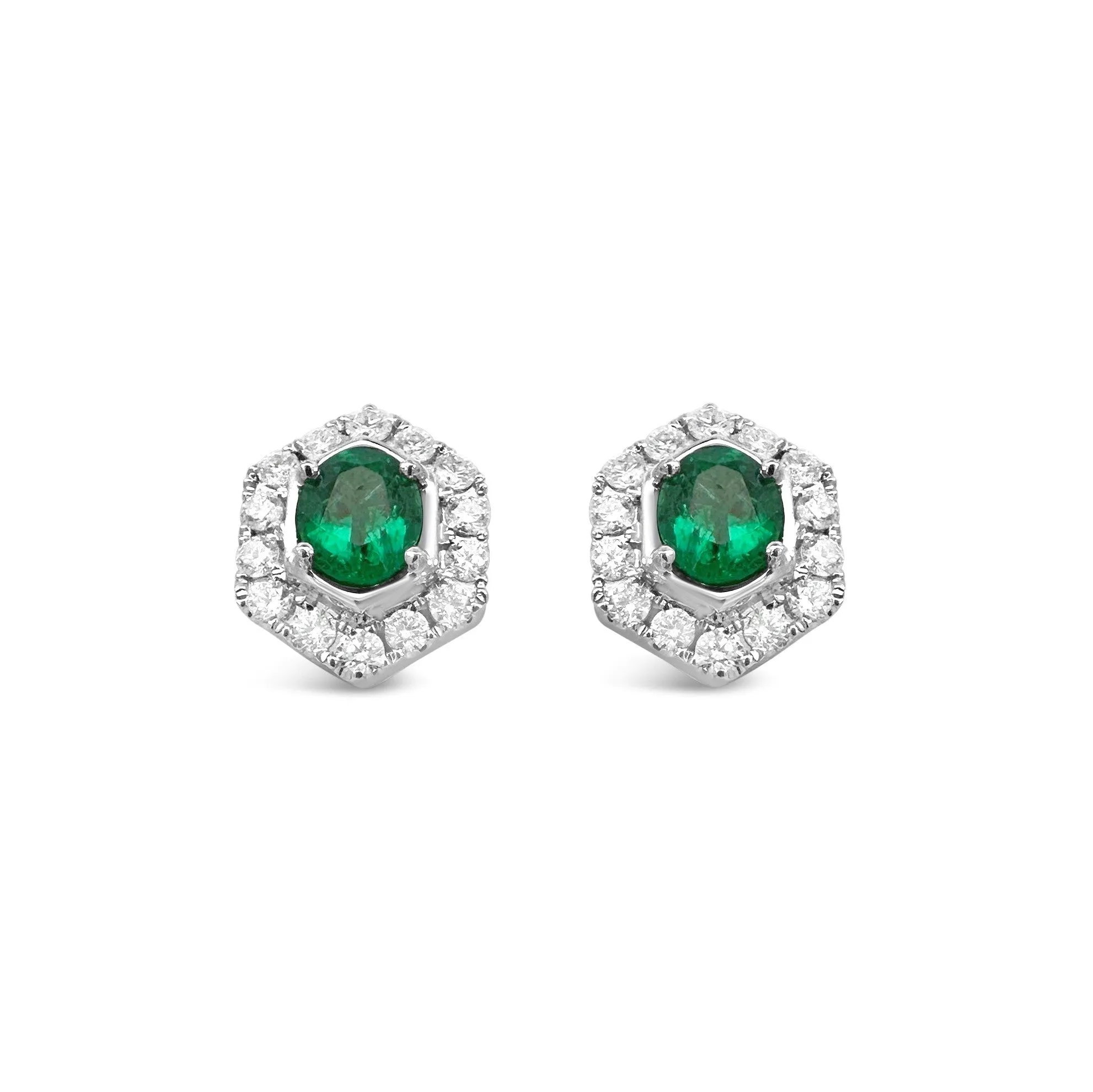 18K White Gold 1.23 CTW Emerald & .75 CTW Diamond Geometric Halo Earrings