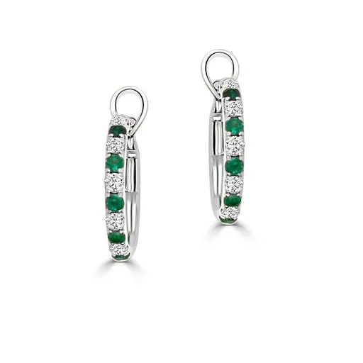 18k White Gold .23cttw Emerald & .22cttw Diamond Hoop Earrings