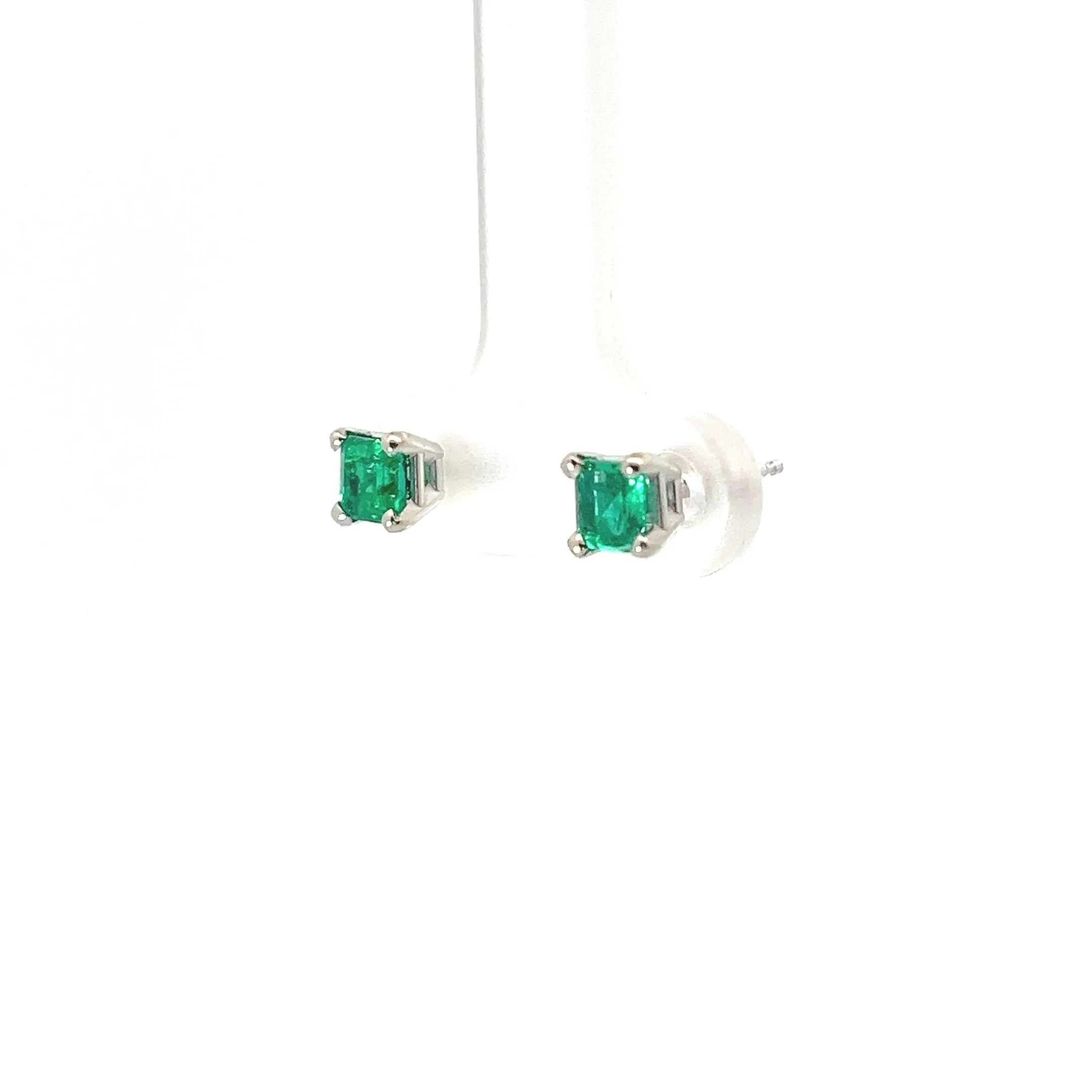 18k White Gold .70ct Princess Cut Emerald Stud Earrings