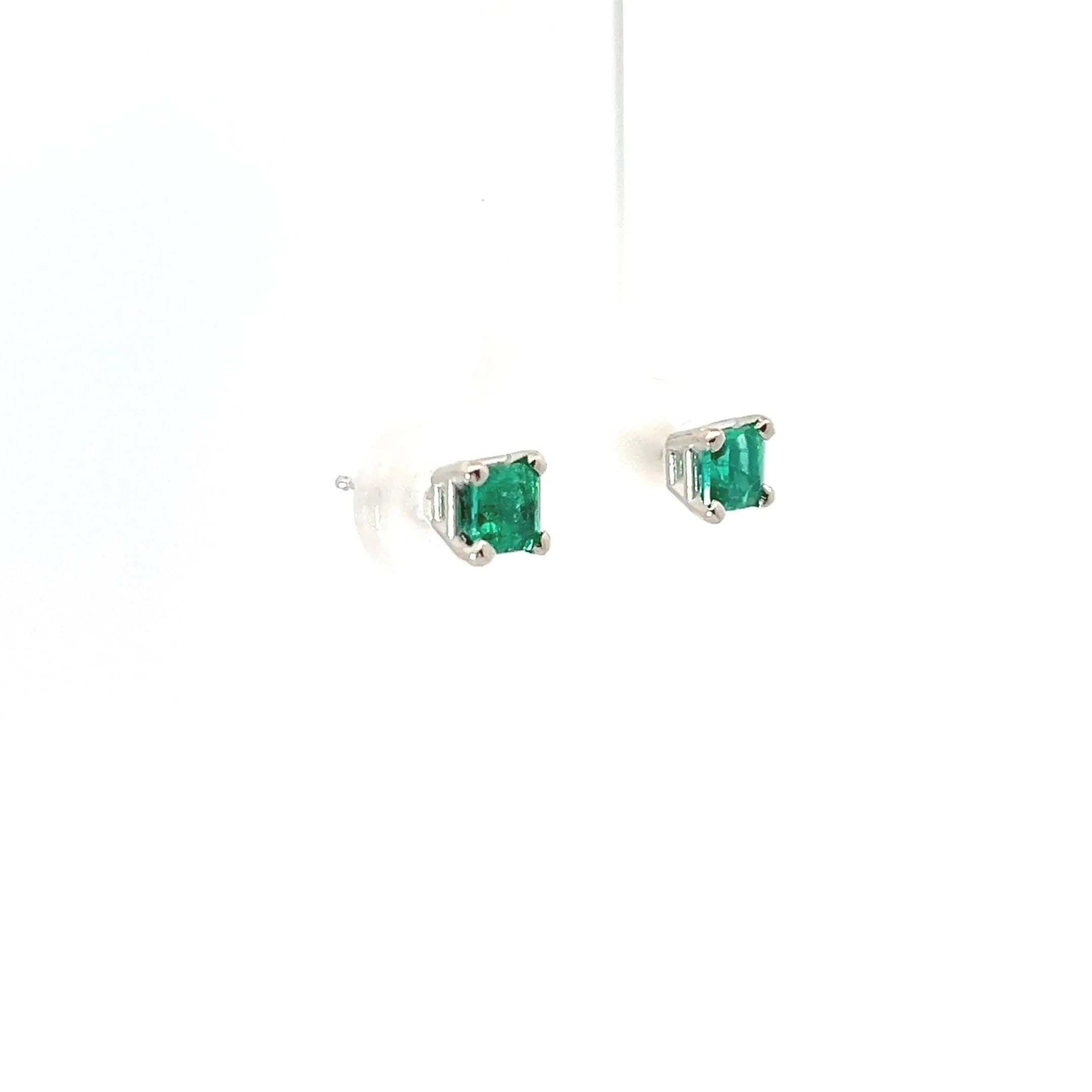 18k White Gold .70ct Princess Cut Emerald Stud Earrings