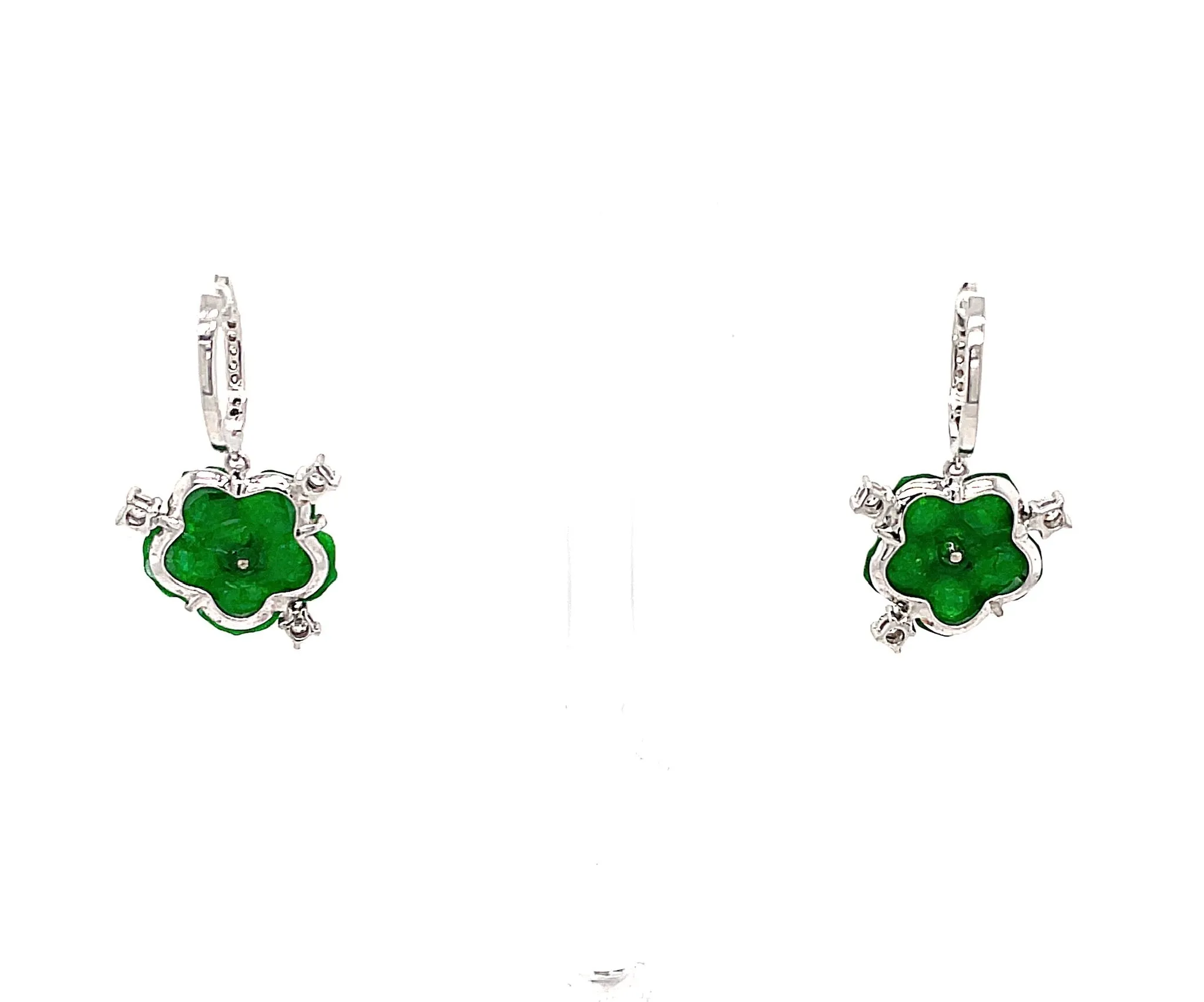 18kt WG Burmese Emerald Green Jadeite Plum Blossom 0.5ct Diamond Earrings