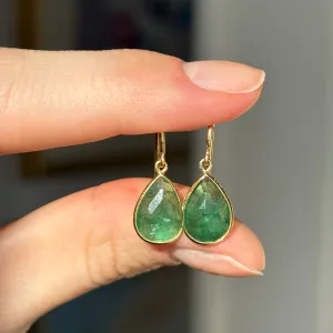 18KT Yellow Gold Bezel Pear Emerald Dangle Earrings