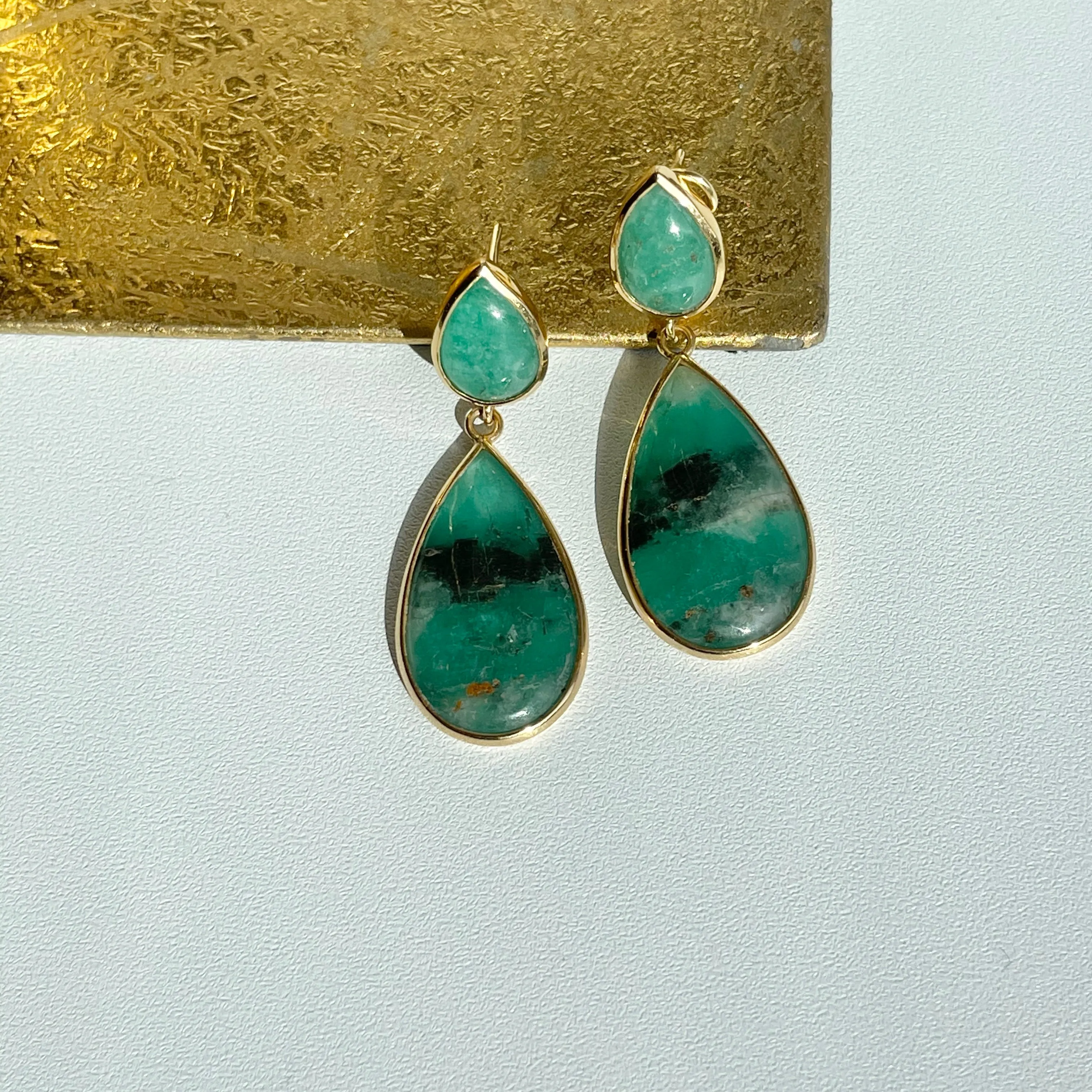 18KT Yellow Gold Cabochon Teardrop Bezel-Set Colombian Emerald Earrings
