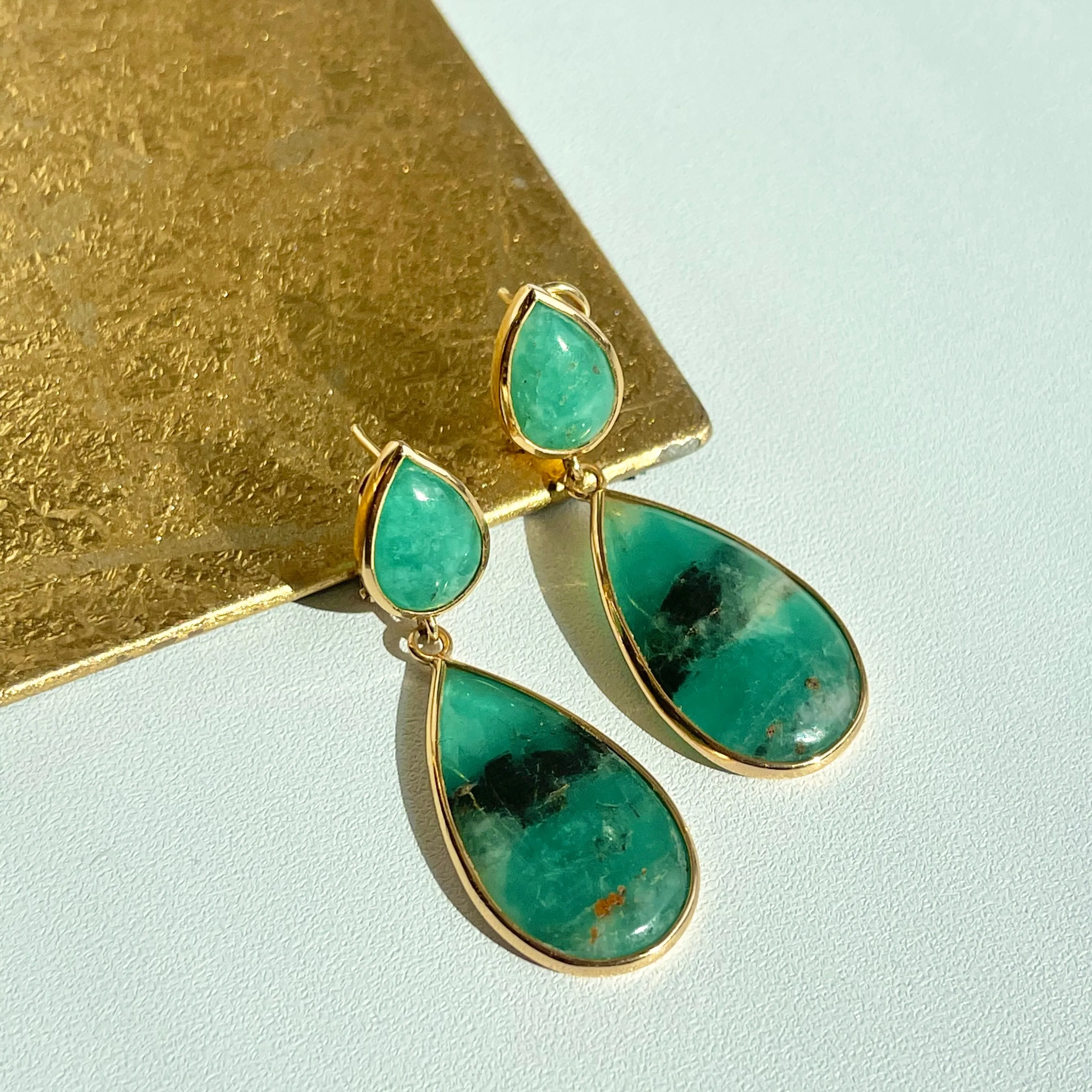 18KT Yellow Gold Cabochon Teardrop Bezel-Set Colombian Emerald Earrings