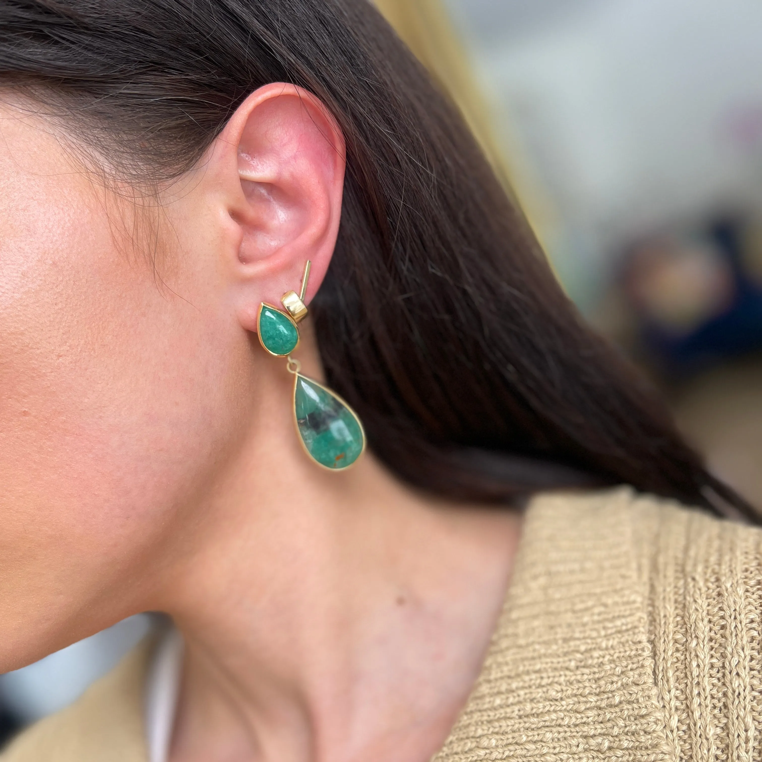 18KT Yellow Gold Cabochon Teardrop Bezel-Set Colombian Emerald Earrings