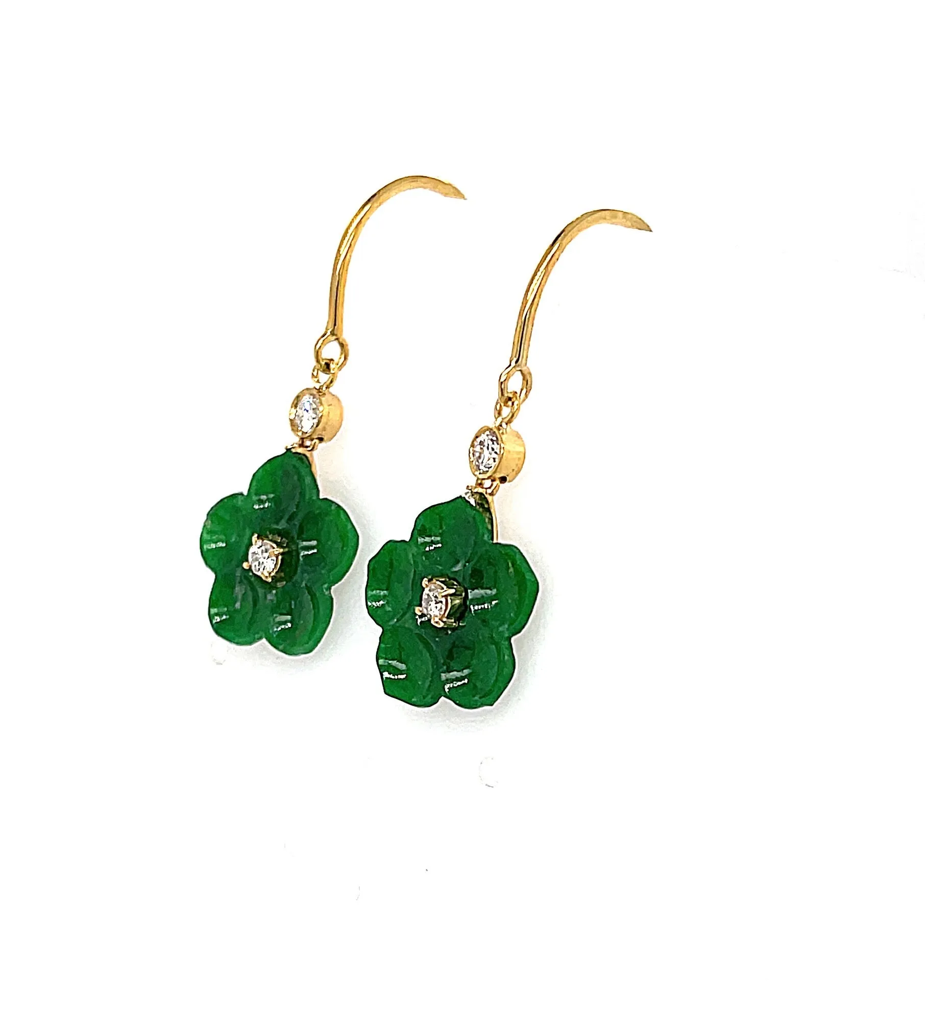 18Kt YG Burmese Emerald Green Jadeite Plum Blossom 0.10ct Diamond Earrings