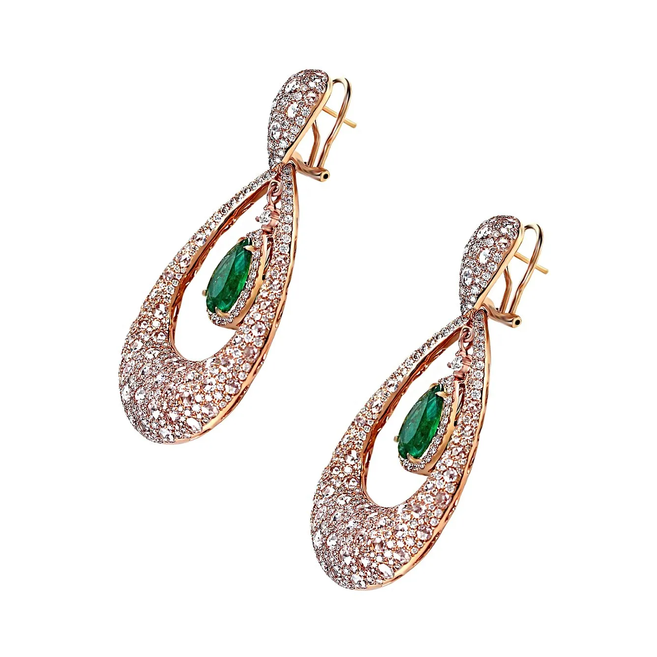 19.22tcw Emerald & Diamonds in 18K Rose Gold Drop Earrings