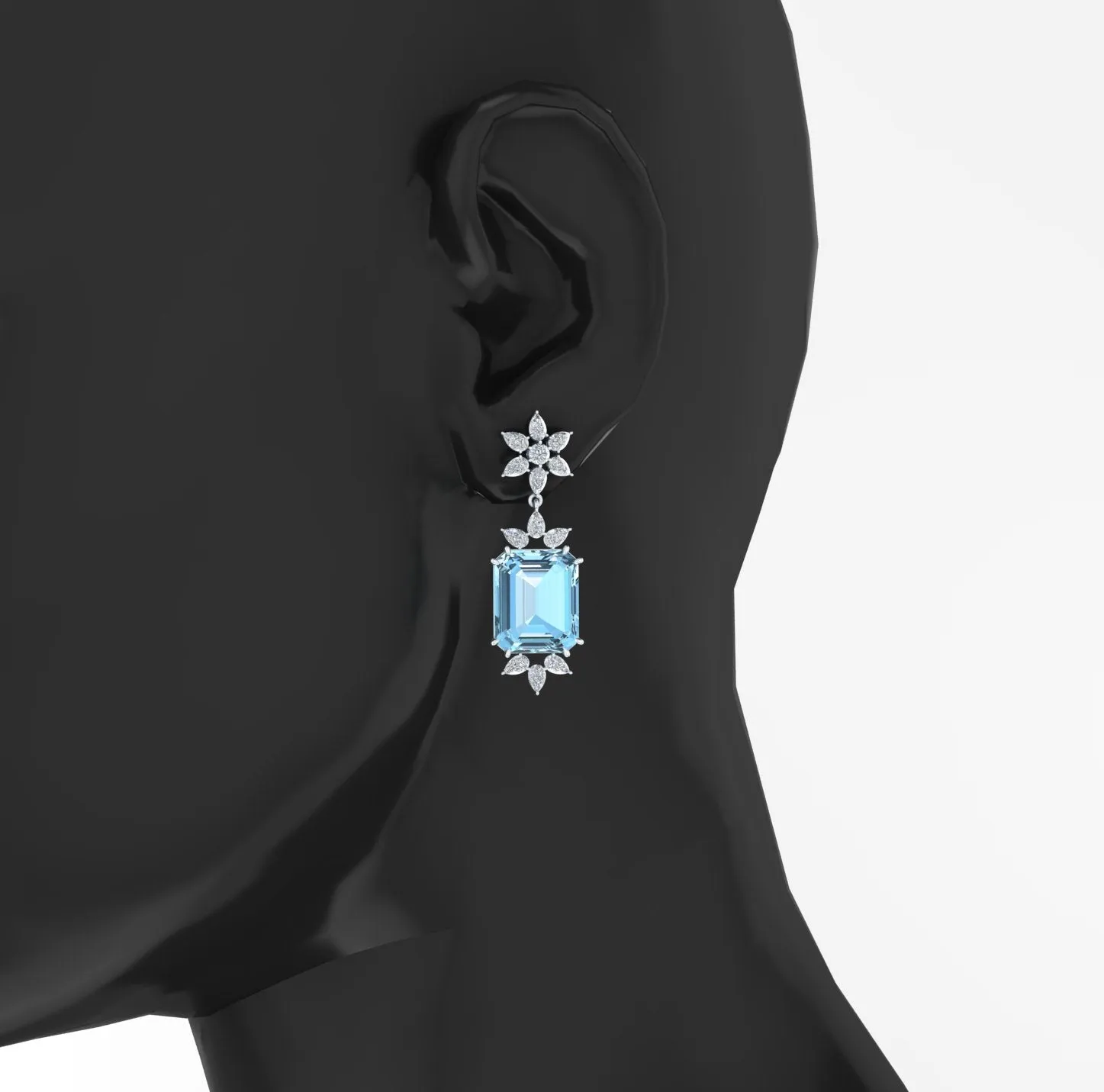 19.5 Carats Emerald cut Aquamarine and Drop Diamonds 18k Gold Earrings