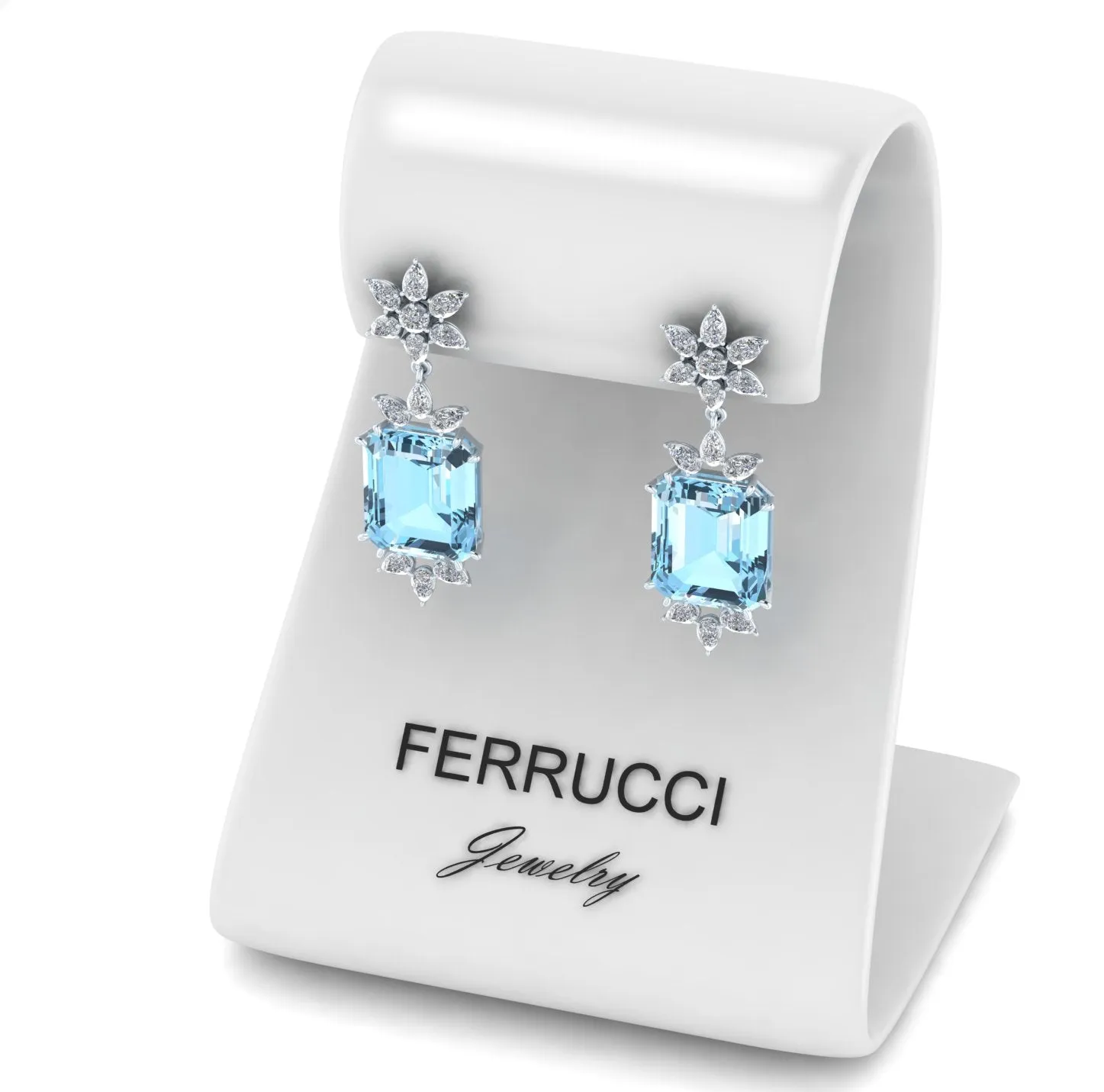 19.5 Carats Emerald cut Aquamarine and Drop Diamonds 18k Gold Earrings