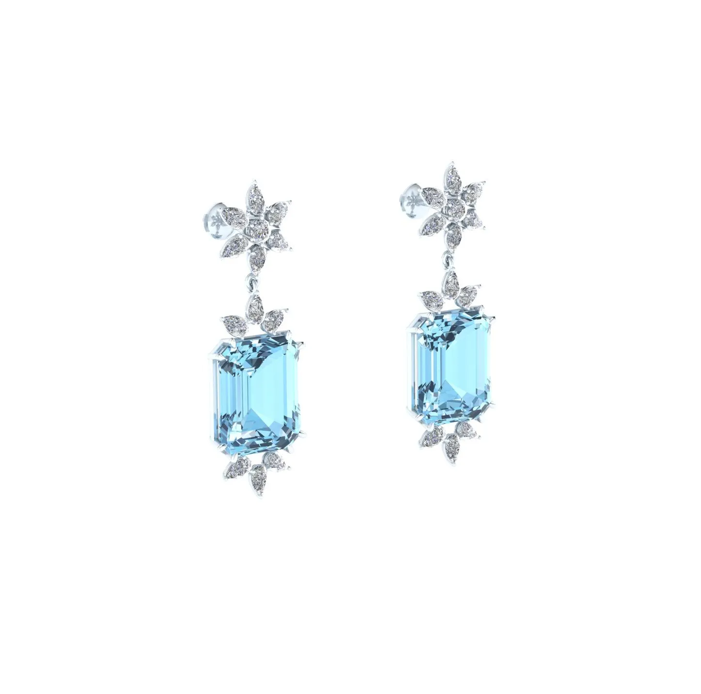 19.5 Carats Emerald cut Aquamarine and Drop Diamonds 18k Gold Earrings