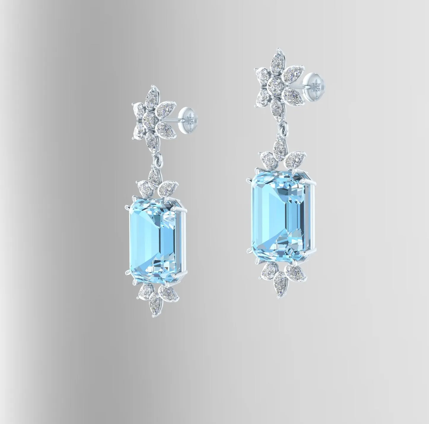 19.5 Carats Emerald cut Aquamarine and Drop Diamonds 18k Gold Earrings