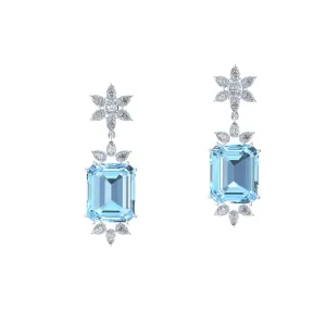 19.5 Carats Emerald cut Aquamarine and Drop Diamonds 18k Gold Earrings